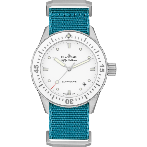 Blancpain 5100-1127-NAT : Fifty Fathoms Bathyscaphe Stainless Steel / White / Baby Blue Nato