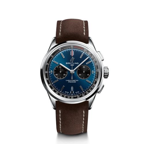 Breitling AB0118221C1X2 : Premier B01 Chronograph 42 Stainless Steel / Blue / Brown Nubuck / Pin