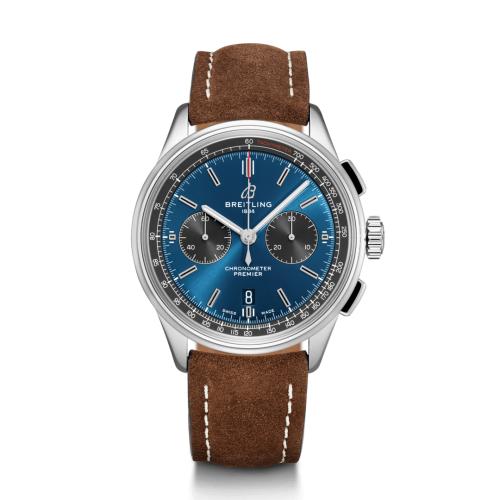 Breitling AB0118A61C1X3 : Premier B01 Chronograph 42 Stainless Steel / Blue / Brown Nubuck / Pin