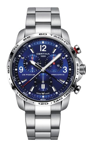 Certina C001.647.11.047.00 : DS Podium Big Size Chrono 1/100 Sec Stainless Steel / Blue / Bracelet