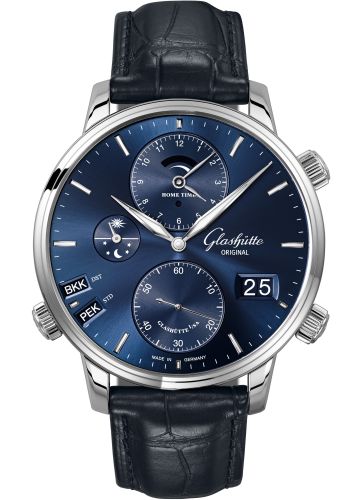 Glashütte Original 1-89-02-05-02-30 : Senator Cosmopolite Stainless Steel / Blue / Alligator / Folding