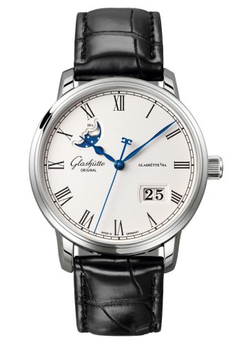 Glashütte Original 100-04-32-12-04 : Senator Panorama Date Moon Phase Stainless Steel / Silver / Alligator / Folding