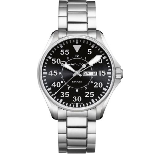 Hamilton H64611135 : Khaki Pilot Day Date Quartz 42 Stainl;ess Steel / Black / Bracelet