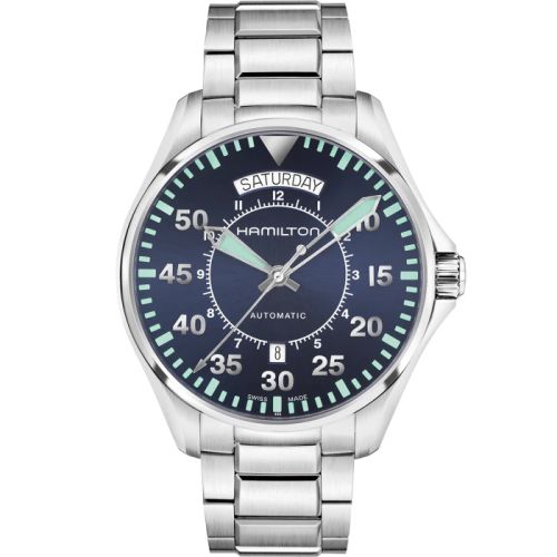 Hamilton H64615145 : Khaki Pilot Day Date Auto 42 Stainless Steel / Blue / Bracelet