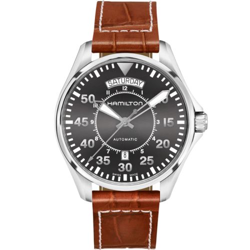 Hamilton H64615585 : Khaki Pilot Day Date Auto 42 Stainless Steel / Grey / Strap