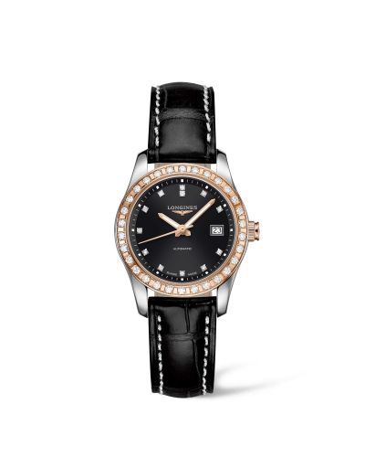Longines L2.285.5.57.3 : Conquest Classic Automatic 29.5 Stainless Steel / Red Gold / Diamond / Black / Strap