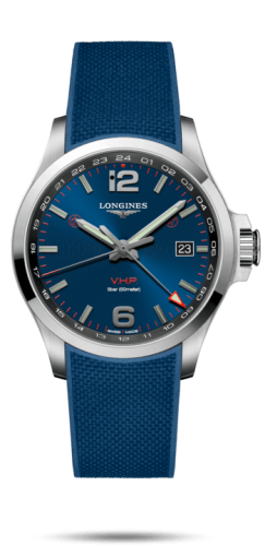 Longines L3.728.4.96.9 : Conquest V.H.P. GMT 43 Stainless Steel / Blue / Rubber