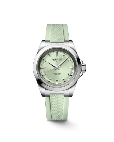 Longines L3.430.4.02.9 : Conquest 34 Stainless Steel / Mint Green  / Rubber