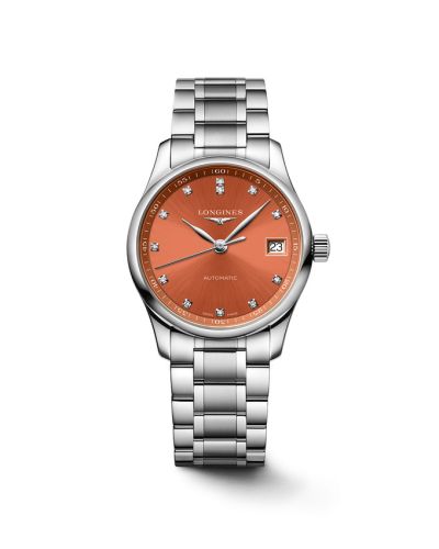 Longines L2.357.4.08.6 : Master Collection Date 34 Stainless Steel / Orange - Diamond / Bracelet