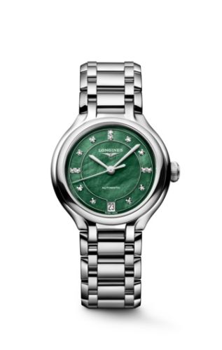 Longines L8.124.4.07.6 : PrimaLuna 34 Automatic Stainless Steel / Green MOP / Bracelet