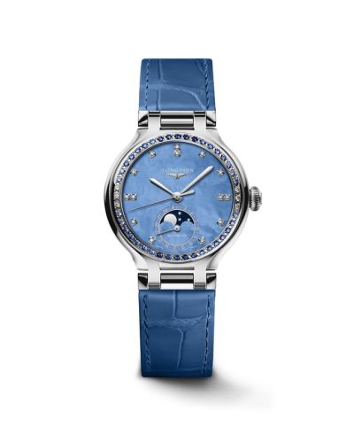 Longines L8.126.0.97.2 : PrimaLuna 34 Automatic Moonphase Stainless Steel / Blue MOP