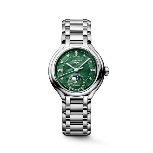 Longines L8.126.4.07.6 : PrimaLuna 34 Automatic Moonphase Stainless Steel / Green MOP