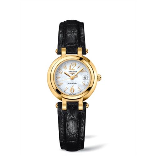 Longines L8.111.6.83.2 : PrimaLuna Automatic 26.5 Yellow Gold Leather Funky MOP