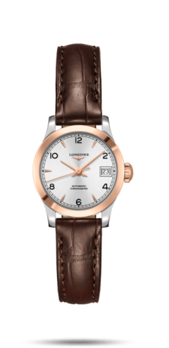 Longines L2.320.5.76.2 : Record 26mm Stainless Steel / Pink Gold / Silver-Arabic / Alligator