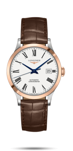 Longines L2.820.5.11.2 : Record 38.5mm Stainless Steel / Pink Gold / White-Roman / Alligator