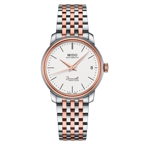 Mido M027.207.22.010.00 : Baroncelli Heritage Lady Stainless Steel - Rose Gold / White / Bracelet