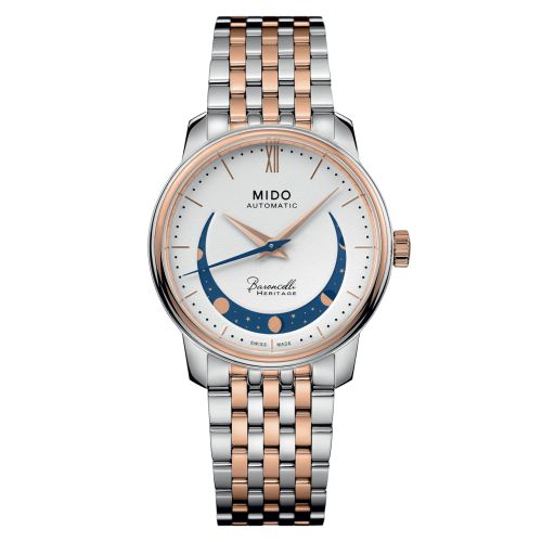Mido M027.207.22.010.01 : Baroncelli Heritage Smiling Moon 33 Stainless Steel - Rose Gold / White