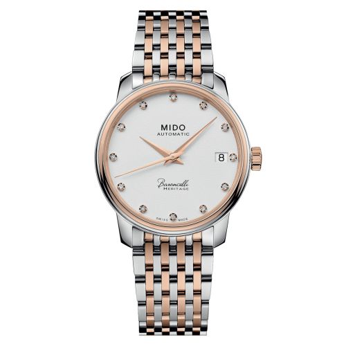 Mido M027.207.22.016.00 : Baroncelli Heritage Lady Stainless Steel - Rose Gold / White - Diamond / Bracelet