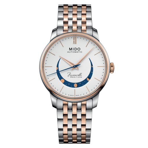 Mido M027.407.22.010.01 : Baroncelli Heritage Smiling Moon 39 Stainless Steel - Rose Gold / White