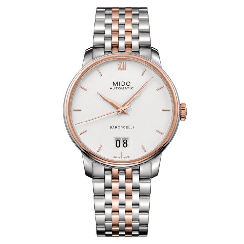 Mido M027.426.22.018.00 : Baroncelli Big Date Stainless Steel - Rose Gold / White / Bracelet