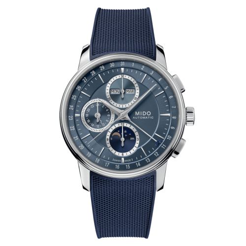 Mido M027.625.17.041.00 : Baroncelli Chronograph Moonphase Stainless Steel / Blue / Rubber