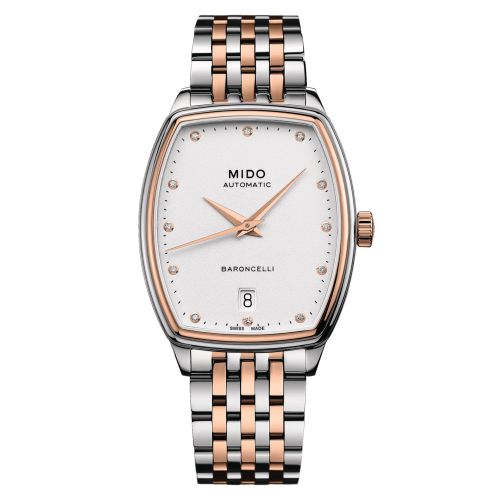 Mido M041.307.22.016.00 : Baroncelli Tonneau Lady Stainless Steel - Rose Gold / White - Diamond / Bracelet