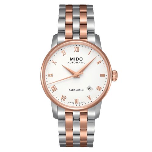 Mido M8600.9.N6.1 : Baroncelli Tradition Stainless Steel - Rose Gold / White / Bracelet
