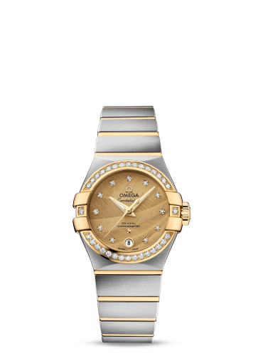 Omega 123.25.27.20.58.002 : Constellation Co-Axial 27 Brushed Stainless Steel / Yellow Gold / Diamond Bezel / Champagne Feather