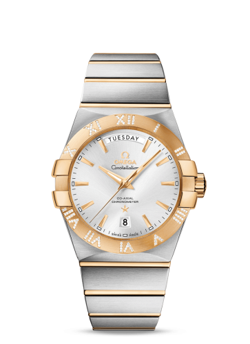 Omega 123.25.38.22.02.002 : Constellation Co-Axial 38 Day-Date Stainless Steel / Yellow Gold / Diamond / Silver
