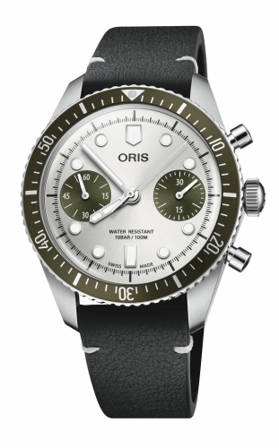 Oris 01 771 7791 4051-07 6 20 01 : Divers Sixty-Five 40 Chronograph Stainless Steel / Silver - Green / Strap