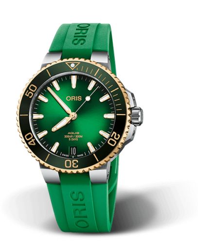 Oris 01 400 7769 6357-07 4 22 77FC : Aquis Date Calibre 400 41.5 Staineless Steel - Yellow Gold / Green / Rubber