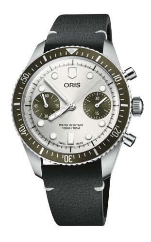 Oris 01 771 7791 4051-07 6 20 01 : Divers Sixty-Five 40 Chronograph Stainless Steel / Silver - Green / Strap