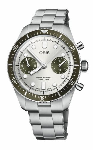 Oris 01 771 7791 4051-07 8 20 18 : Divers Sixty-Five 40 Chronograph Stainless Steel / Silver - Green / Bracelet