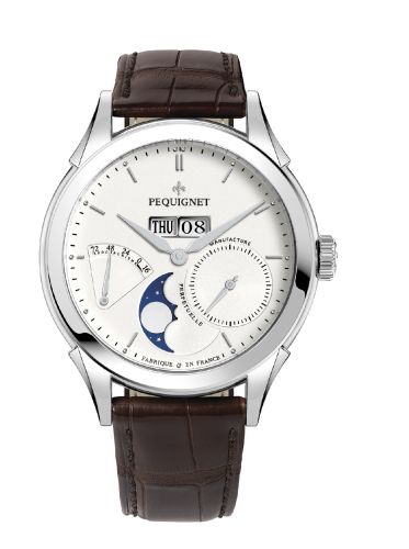 Pequignet 9010433CG : Rue Royale Moonphase Stainless Steel / Silver / Brown Alligator