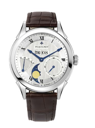Pequignet 9010437CG : Rue Royale Moonphase Stainless Steel / Silver Guilloche / Brown Alligator