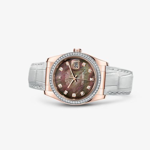 Rolex 116185-0004 : Datejust 36 Everose Strap Black Mother of Pearl Diamonds