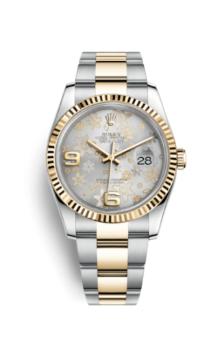 Rolex 116233-0182 : Datejust 36 Rolesor Yellow Fluted / Oyster / Silver Floral