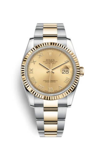 Rolex 116233-0193 : Datejust 36 Rolesor Yellow Fluted / Oyster / Champagne Roman