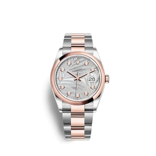 Rolex 126201-0038 : Datejust 36 Stainless Steel / Everose / Domed / Silver - Palm - Diamond / Oyster