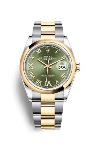 Rolex 126203-0026 : Datejust 36 Stainless Steel / Yellow Gold / Smooth / Olive Green Roman Diamond / Oyster