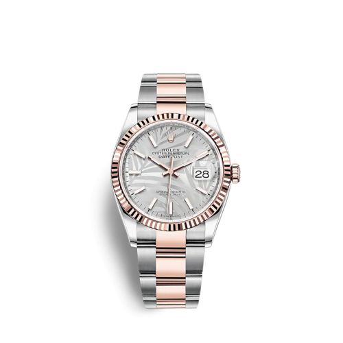 Rolex 126231-0032 : Datejust 36 Stainless Steel / Everose / Fluted / Silver - Palm / Oyster