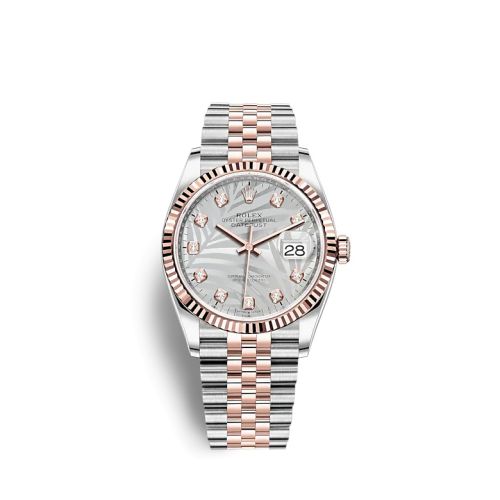 Rolex 126231-0037 : Datejust 36 Stainless Steel / Everose / Fluted / Silver - Palm - Diamond / Jubilee