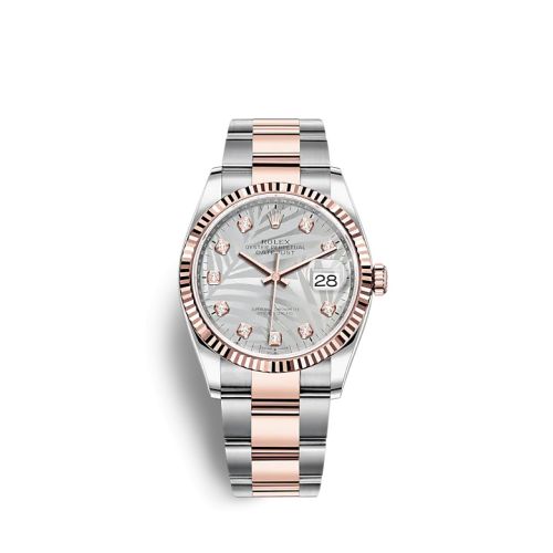 Rolex 126231-0038 : Datejust 36 Stainless Steel / Everose / Fluted / Silver - Palm - Diamond / Oyster
