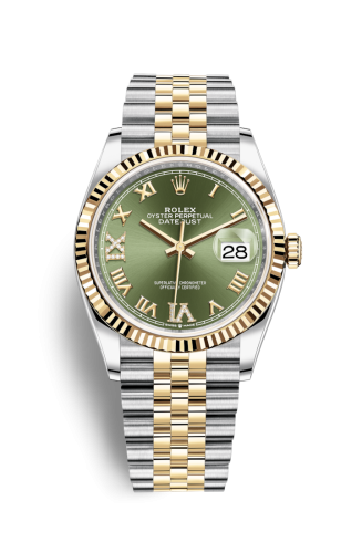 Rolex 126233-0025 : Datejust 36 Stainless Steel / Yellow Gold / Fluted / Olive Green Roman Diamond / Jubilee
