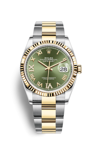 Rolex 126233-0026 : Datejust 36 Stainless Steel / Yellow Gold / Fluted / Olive Green Roman Diamond / Oyster