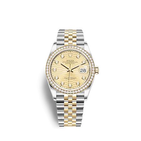 Rolex 126283RBR-0031 : Datejust 36 Stainless Steel  - Yellow Gold - Diamond / Champagne - Fluted - Diamond / Jubilee