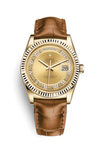 Rolex 118138-0078 : Day-Date 36 Yellow Gold Fluted / Strap / Champagne Diamonds