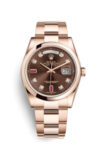 Rolex 118205f-0107 : Day-Date 36 Everose Domed / Oyster / Chocolate Diamonds Rubies