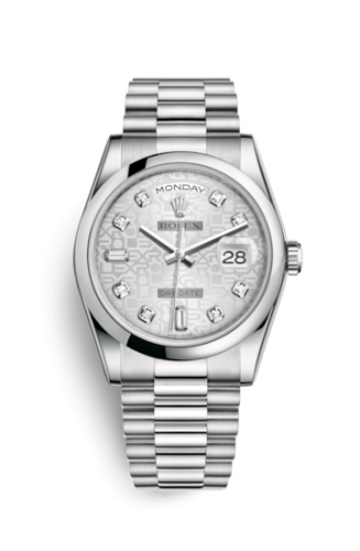 Rolex 118206-0048 : Day-Date 36 Platinum Domed / President / Silver Computer