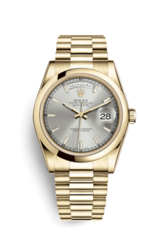 Rolex 118208-0066 : Day-Date 36 Yellow Gold Domed / President / Silver